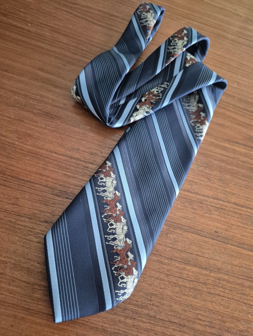 Vintage Diagonal Blue Striped Horse-Pattern Tie